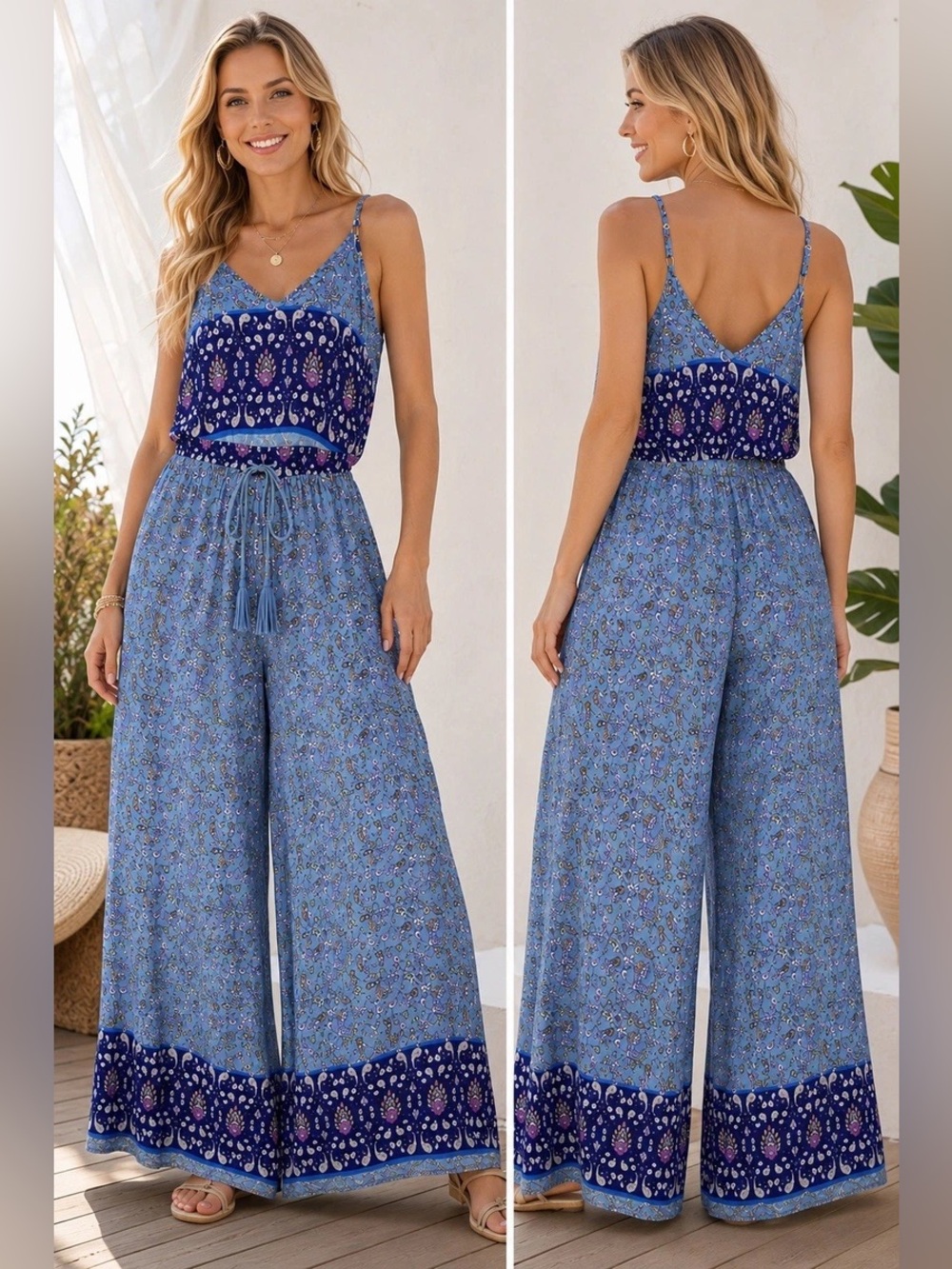 Jaase wide leg blue paisley jumpsuit size M